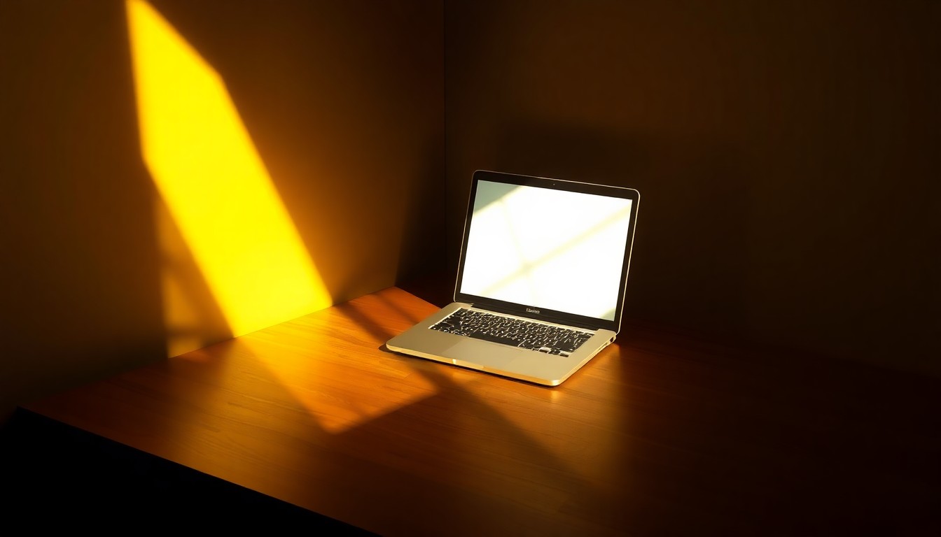 A close-up view of a laptop computer sitting on a wooden desk, the screen reflecting a faint glow in the dimly lit room. The scene is bathed in warm, diagonal sunlight, creating a sense of quiet contemplation about the implications of a candidate's past online activity.
