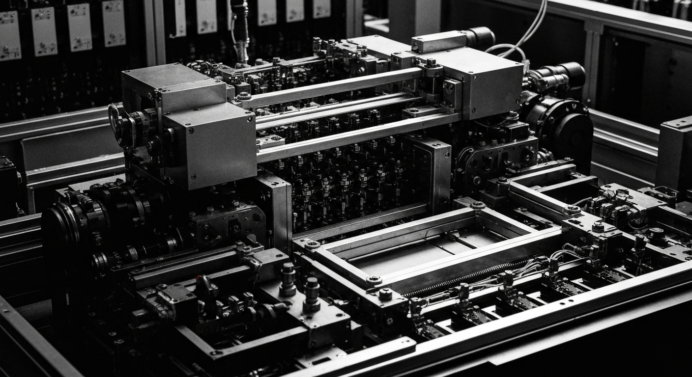 A close-up, black-and-white image of various gears, circuits, and other industrial components that make up the inner workings of semiconductor manufacturing equipment, conveying the technical complexity and importance of this industry.
