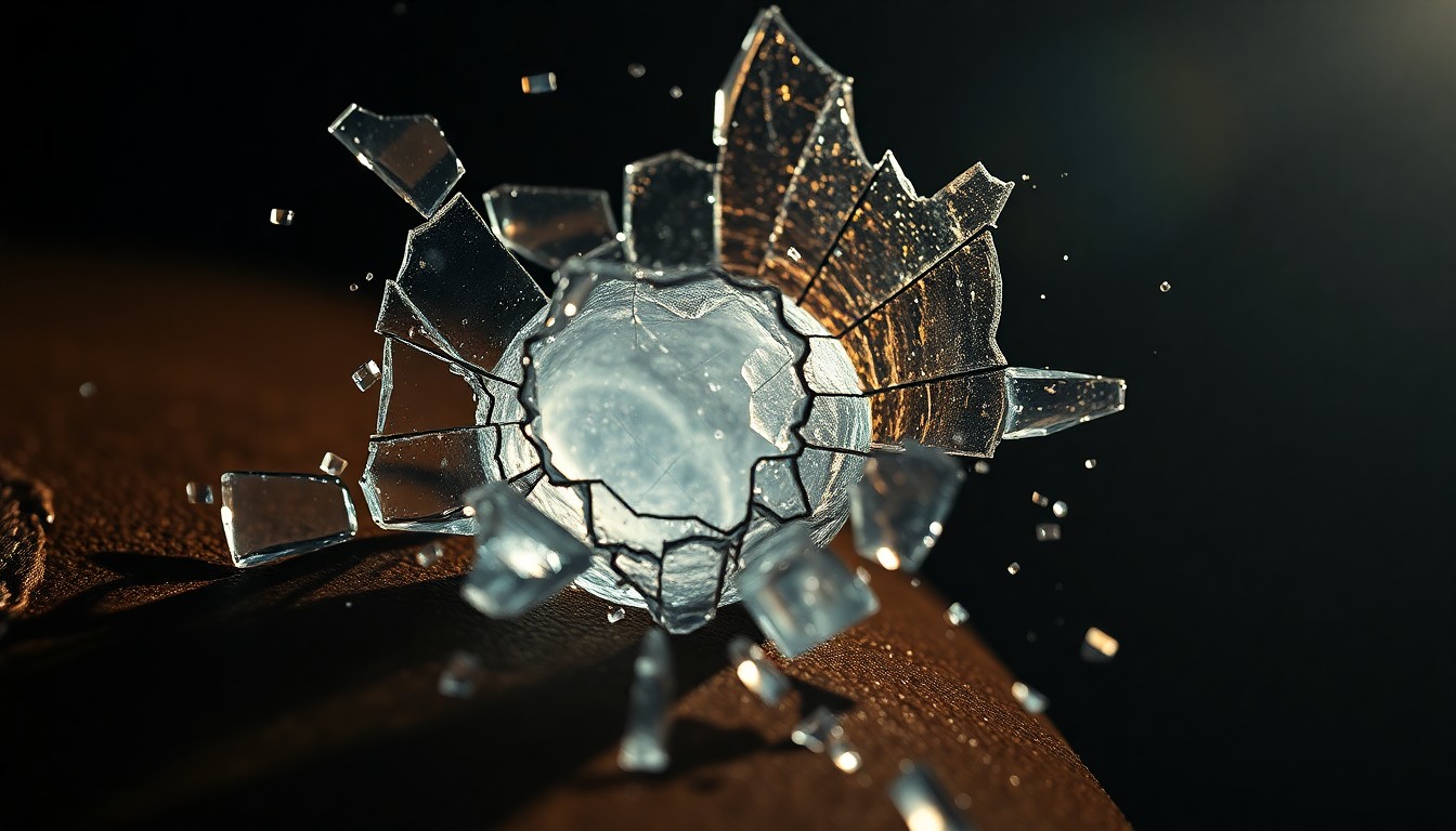 An extreme close-up of shattered glass and cracked leather textures in high-contrast studio lighting, conceptually representing the fractured, disillusioned spirit of the 'lost generation' in Hemingway's The Sun Also Rises.
