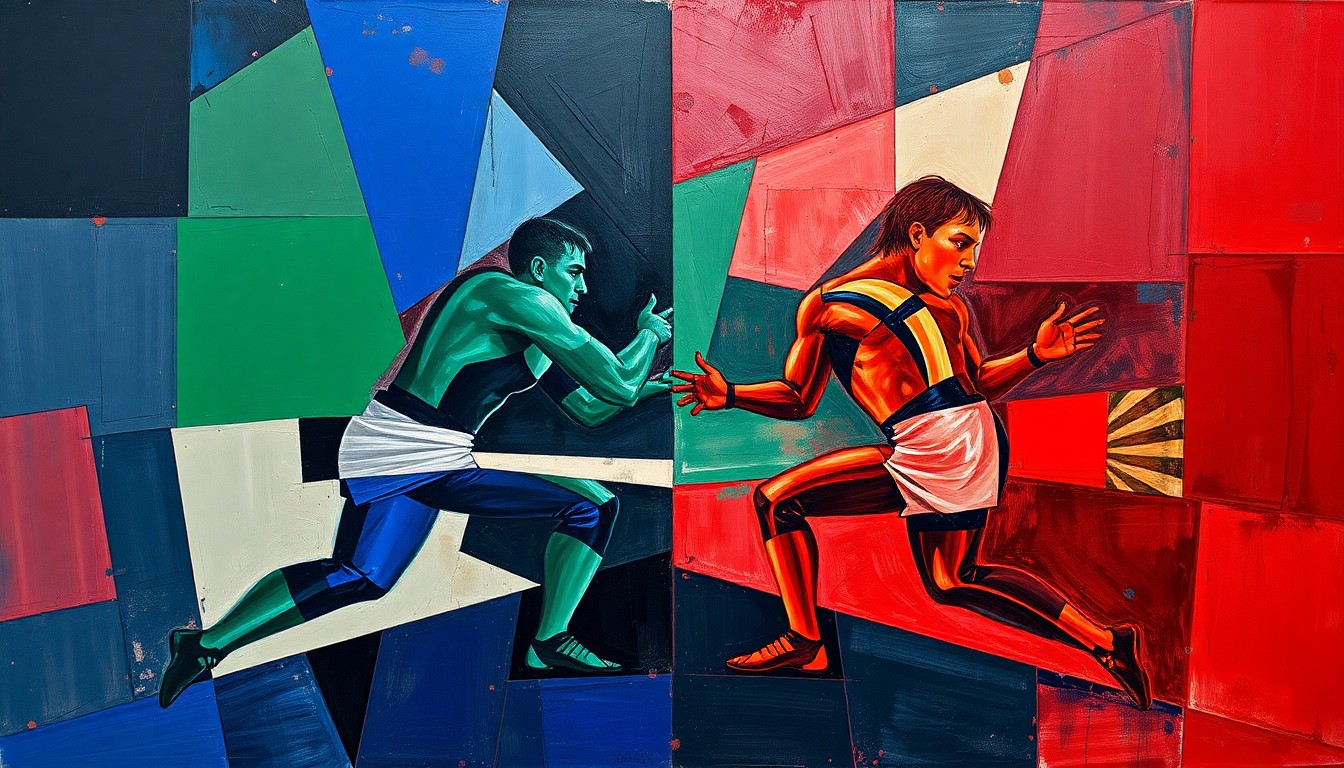 A cubist, geometric painting depicting the dynamic movements and intense competition of a wrestling match, with sharp planes of navy, green, and red intersecting to create a sense of energy and intensity.