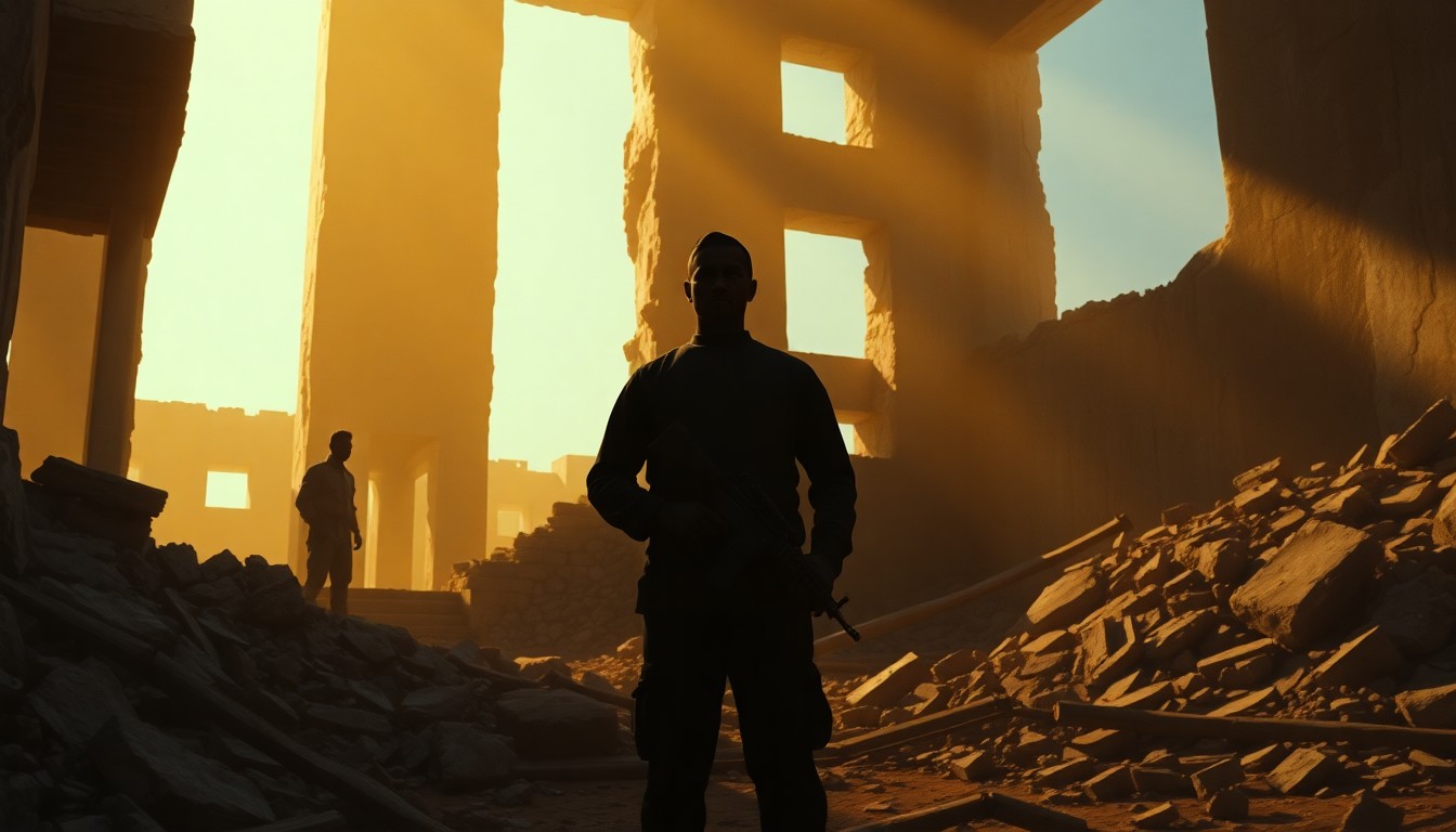A cinematic painting depicting a lone Sudanese soldier standing amidst the ruins of a destroyed building, the scene bathed in warm, dramatic lighting that evokes a sense of melancholy and abandonment.