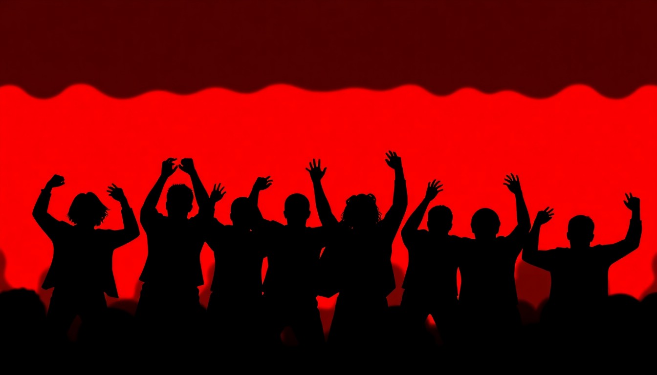 A dynamic, abstract illustration featuring sharp, angular black shapes overlapping against a bright red background, conveying the energetic spirit of a community theater production.
