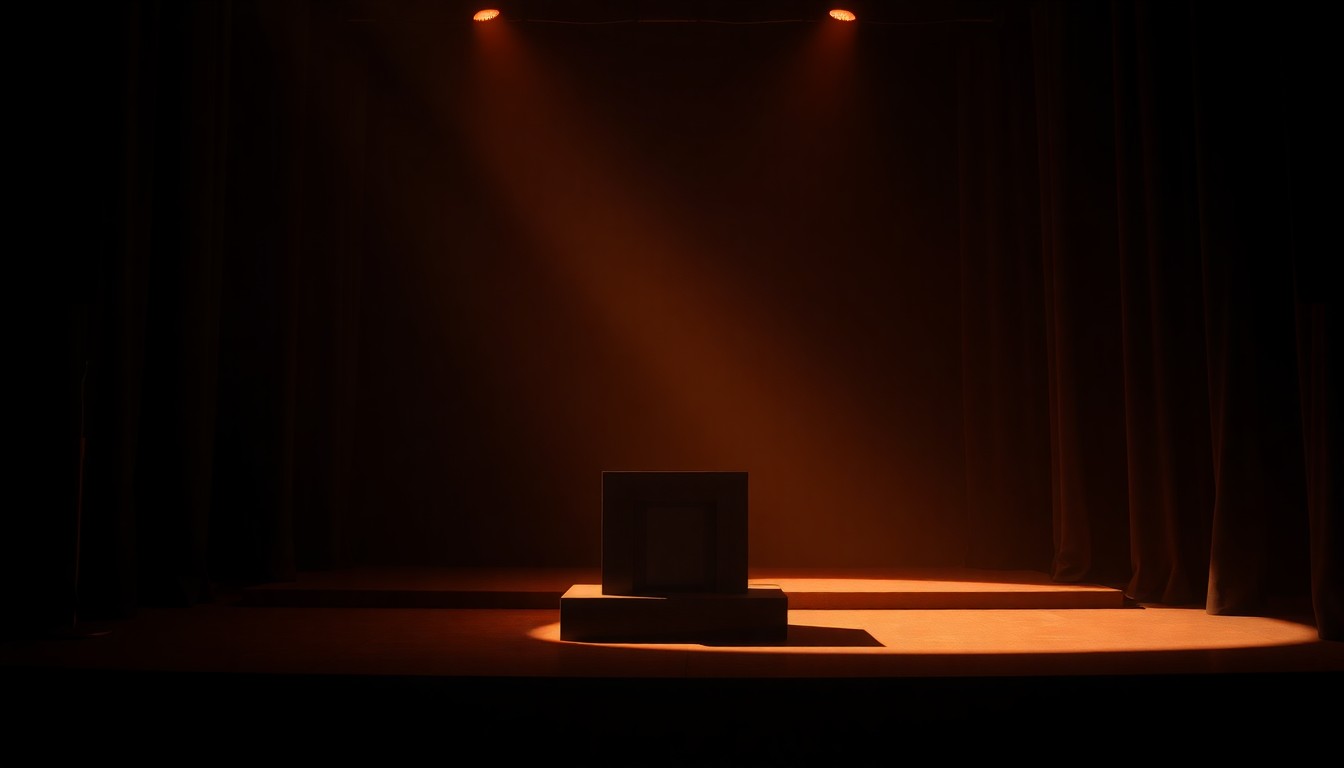 A solitary, empty podium on a dimly lit stage, the warm light casting deep shadows and creating a sense of unease about the missing speaker.
