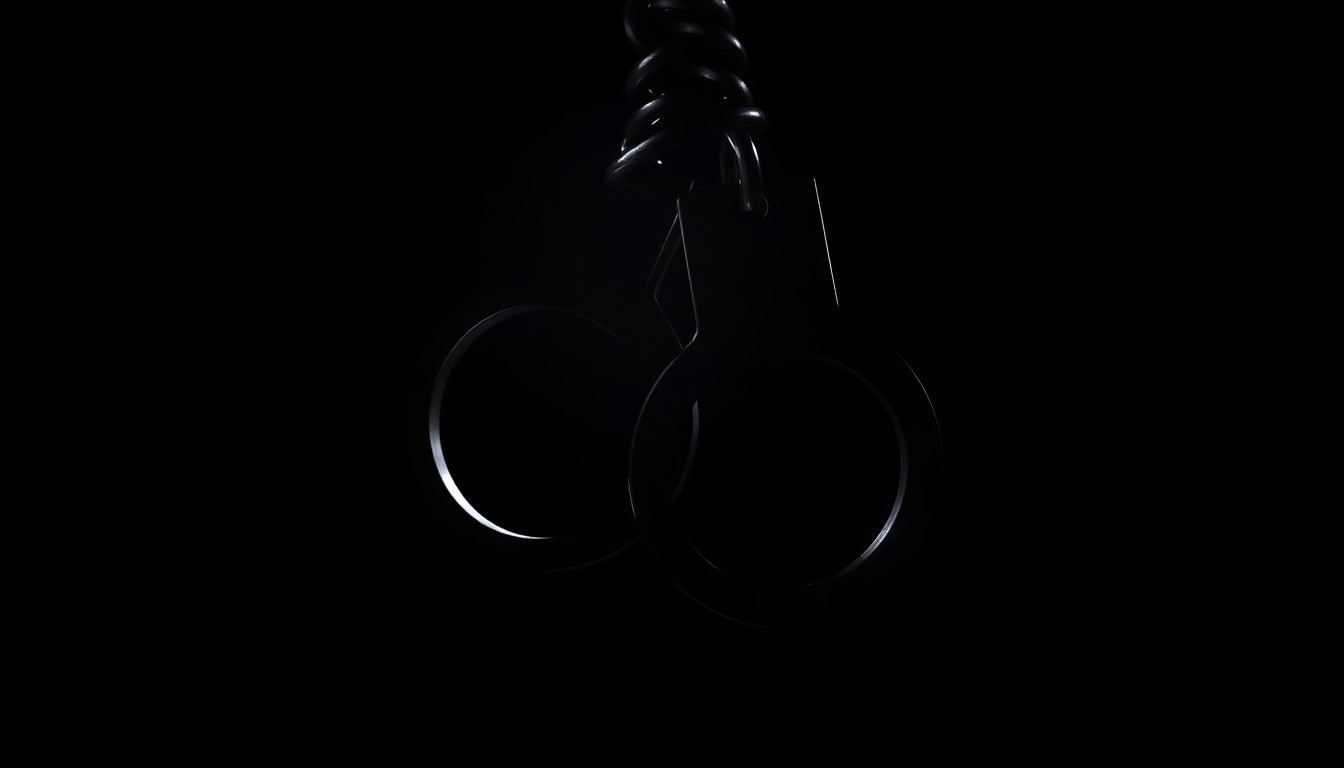 An extreme close-up photograph of a pair of handcuffs against a pitch-black background, lit by a harsh, direct camera flash, conceptually representing the serious nature of the criminal charges in this case.