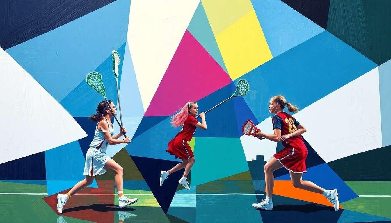 A vibrant, cubist-style painting depicting a girls lacrosse game, with the players and field broken down into overlapping geometric shapes and planes in the team colors of Randolph and Mountain Lakes.