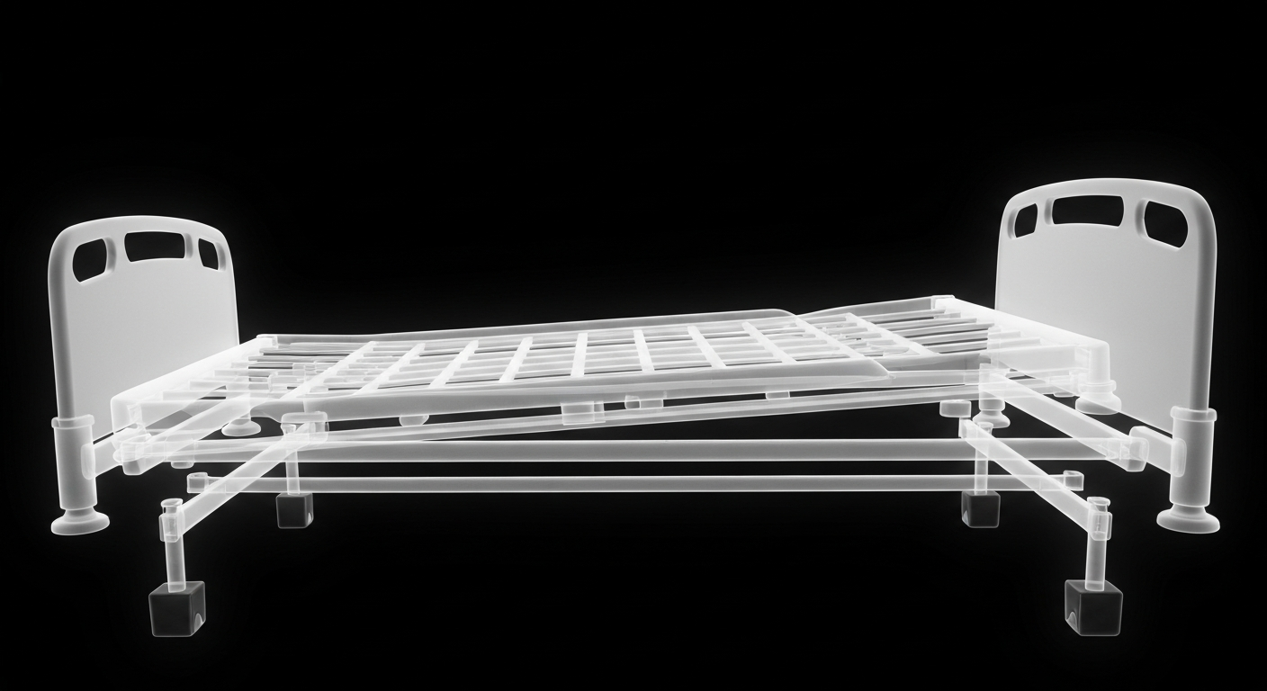 A ghostly, translucent X-ray image of a hospital bed frame, with the metal structure glowing against a dark background, conceptually representing the fragility of the healthcare system.
