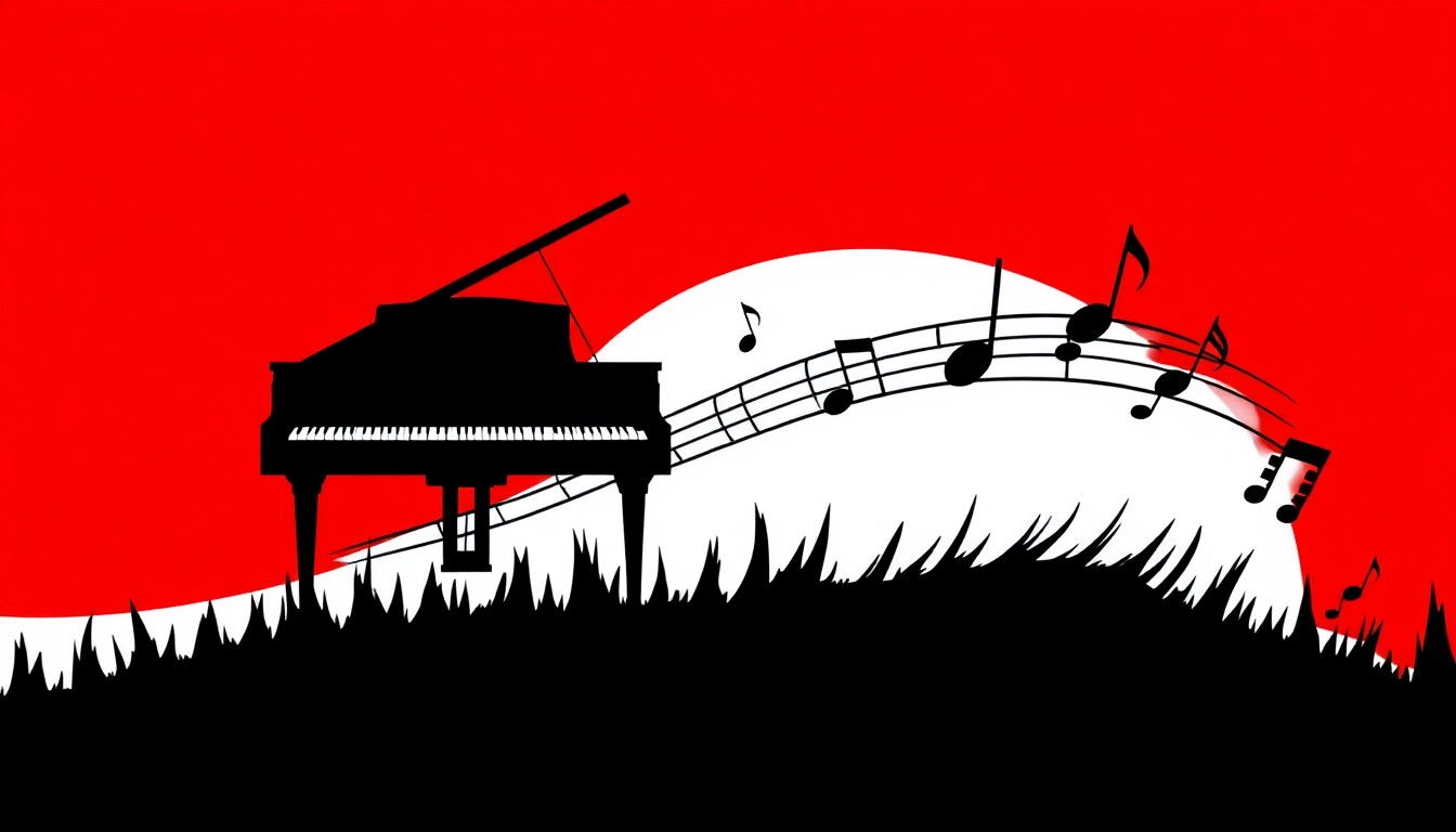 A minimalist, abstract illustration featuring bold, geometric black silhouettes of a piano and musical notes against a high-contrast red and white background, conceptually representing the anticipation and energy surrounding a new album release.