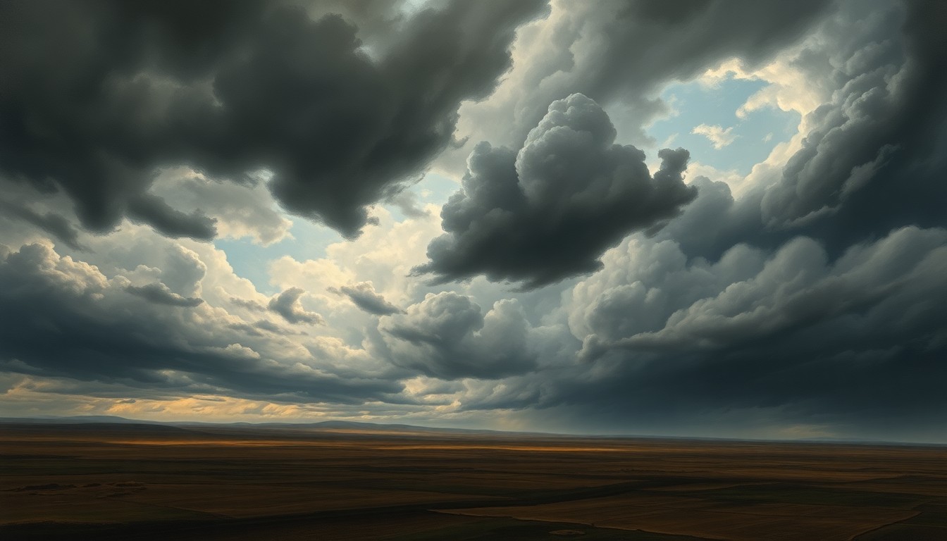 A sweeping, atmospheric landscape painting in muted tones of gray, blue, and black, depicting an ominous sky filled with swirling storm clouds over a flat, desolate horizon, conveying the overwhelming, sublime power of an impending severe weather event.