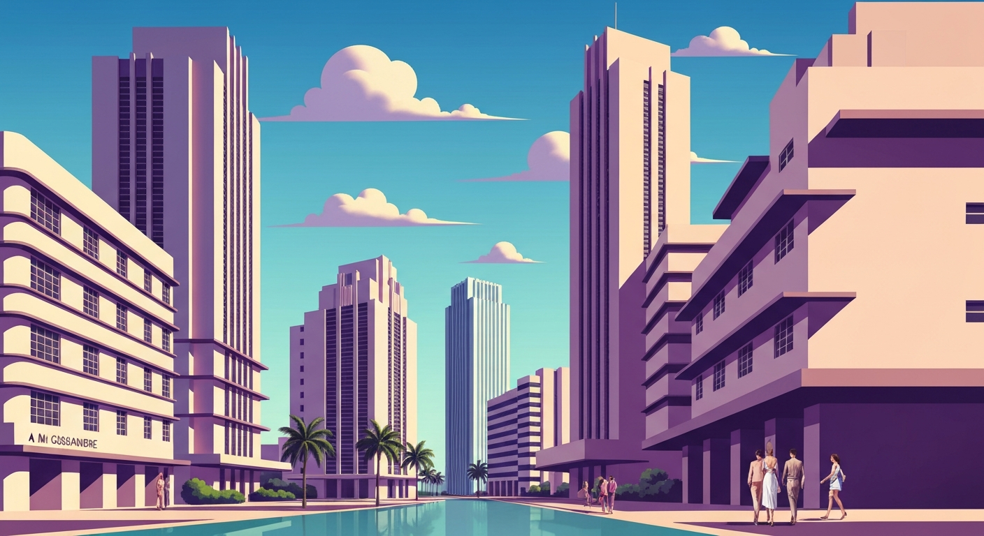 A highly stylized, geometric illustration depicting the towering, streamlined forms of Miami's iconic Art Deco architecture, rendered in a bold, airbrushed color palette that evokes the energy and grandeur of the city's thriving tourism industry.