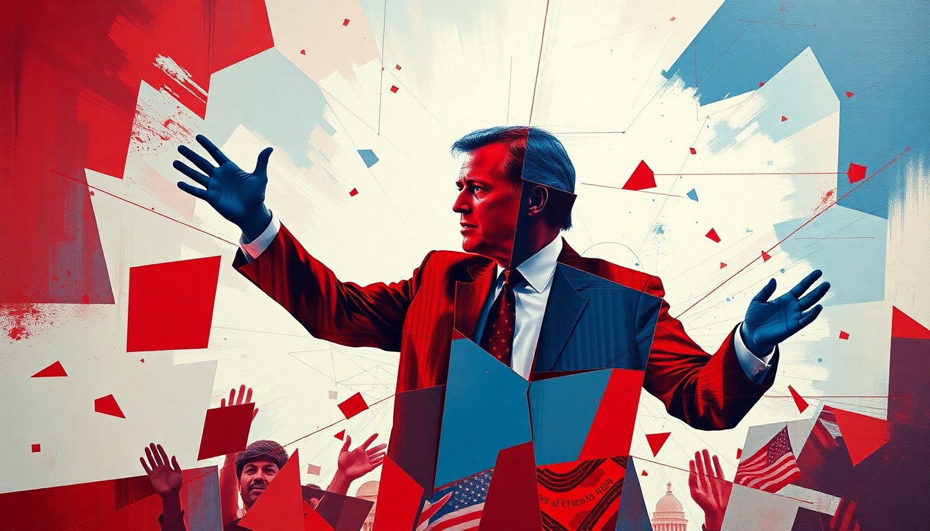 A highly stylized, fractured painting in red, white, and blue tones depicting the silhouette of a politician making an impassioned gesture, conveying a sense of political unrest and disunity.