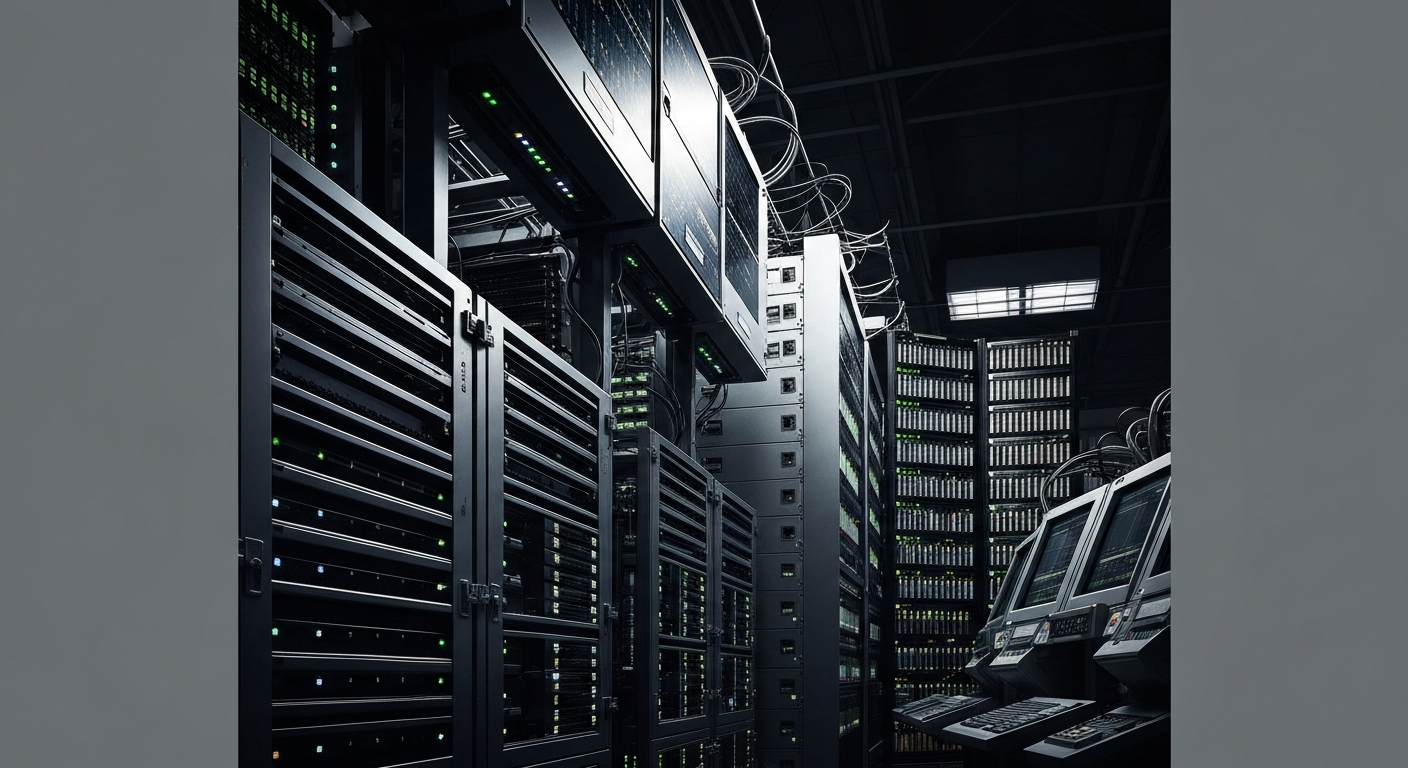 An extreme close-up of complex financial machinery and equipment, such as servers, data storage units, and trading terminals, rendered in high-contrast black and white to convey a sense of the scale, power, and complexity of modern financial infrastructure.