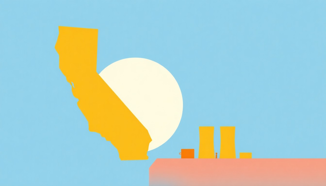 A vibrant abstract illustration using bold geometric shapes in primary colors to conceptually represent the complex economic and environmental factors surrounding California's fuel supply and climate regulations.