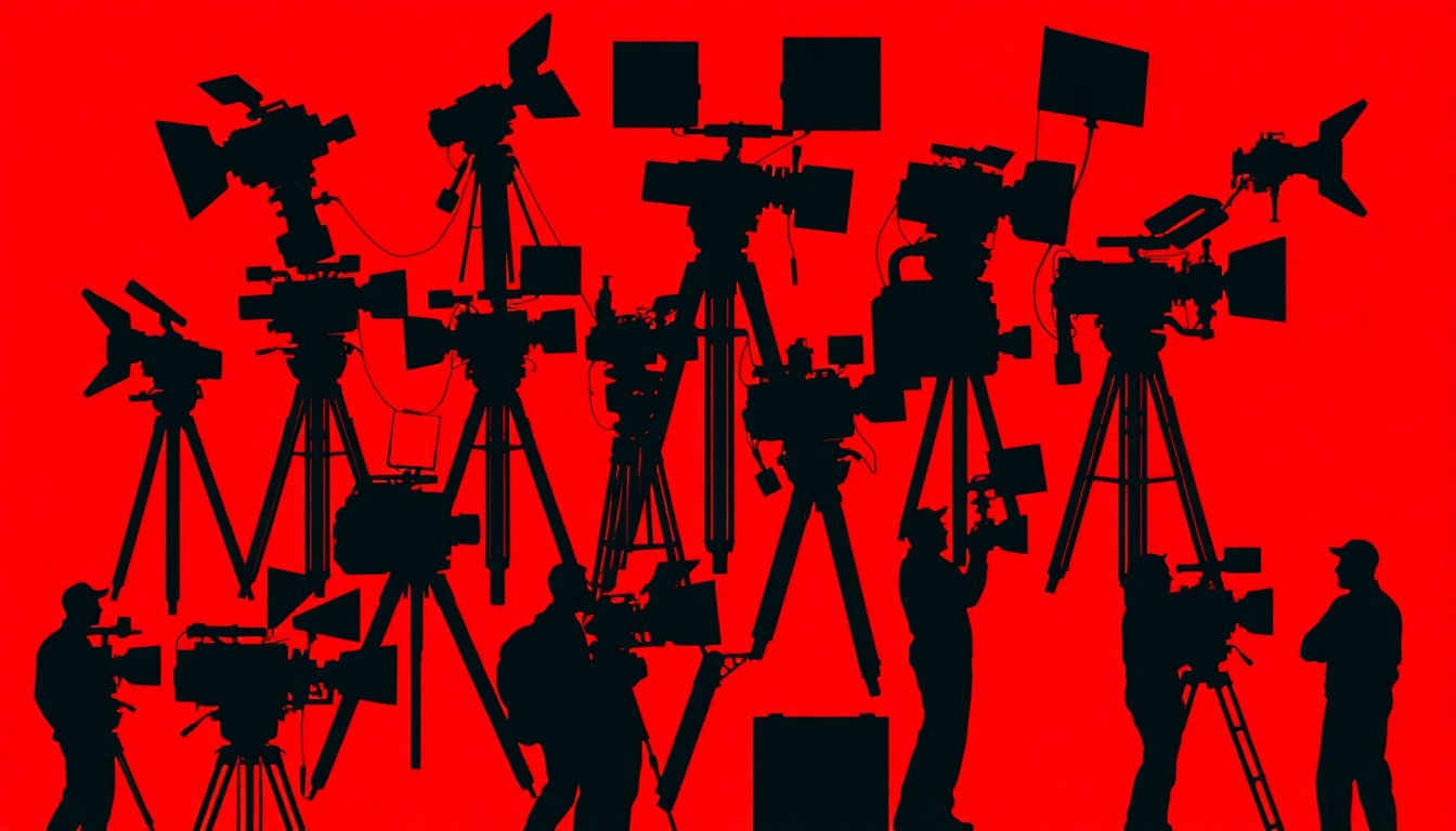 A striking abstract illustration featuring black geometric shapes and forms representing film equipment and crew, set against a bright red background, conceptually capturing the energy and activity of Miami's active film production scene.