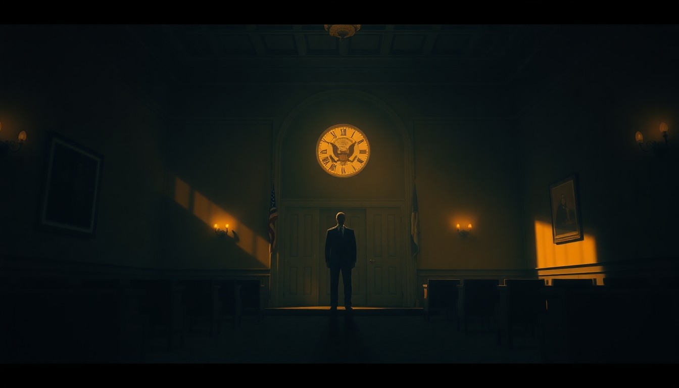 A moody, cinematic painting of a solitary political figure standing alone in a dimly lit room, with warm sunlight streaming in through a window and creating deep shadows, conveying a sense of isolation and tension.