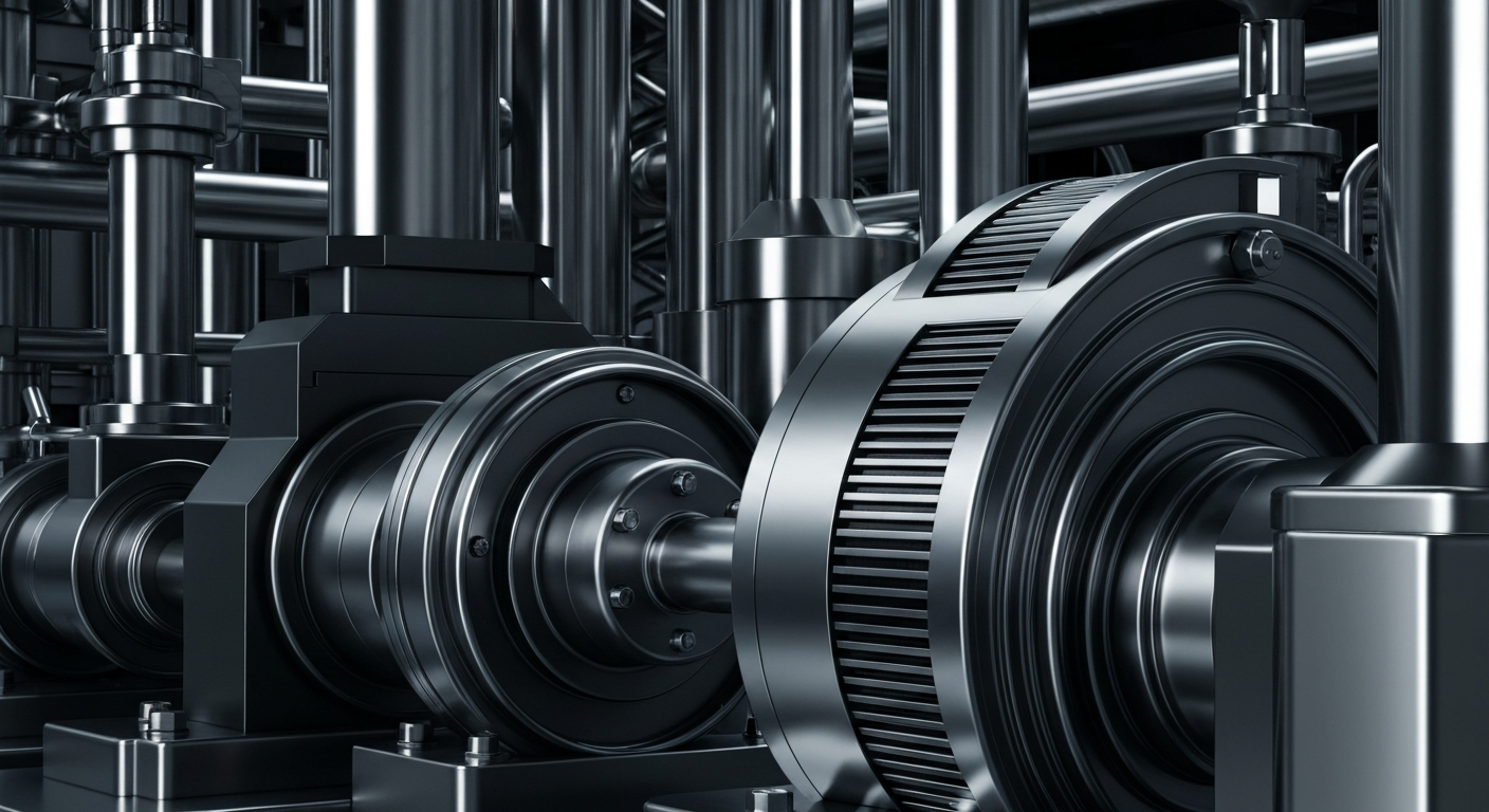 An extreme close-up of gleaming, intricate industrial machinery and equipment, conveying the secure, tangible nature of a major utility company's financial infrastructure.