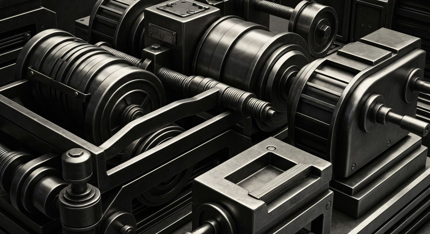 A dramatic, high-contrast close-up of gears, levers, and other heavy industrial banking equipment, conveying the tangible power and security of financial institutions.