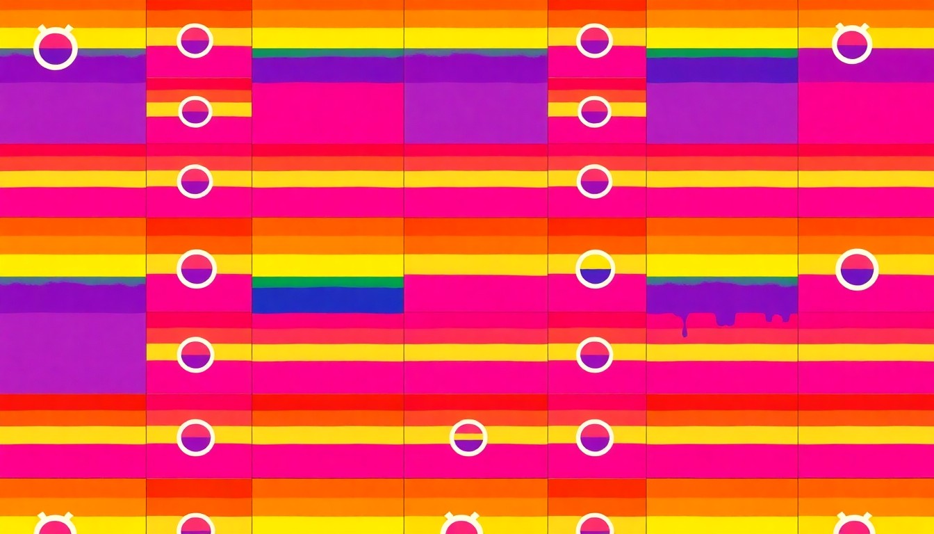 A brightly colored, high-contrast silkscreen print of a rainbow flag repeated in a tight grid pattern, representing the inclusive and celebratory nature of the University of Louisville's queer prom event.