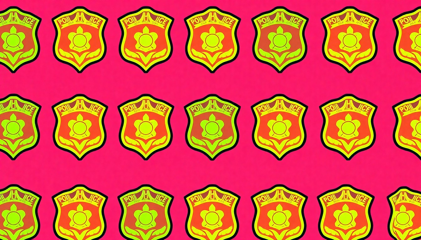 A bold, colorful silkscreen-style illustration featuring a police badge or emblem repeated in a grid pattern, conveying the solemn importance of the Pasadena Police Memorial Ceremony.