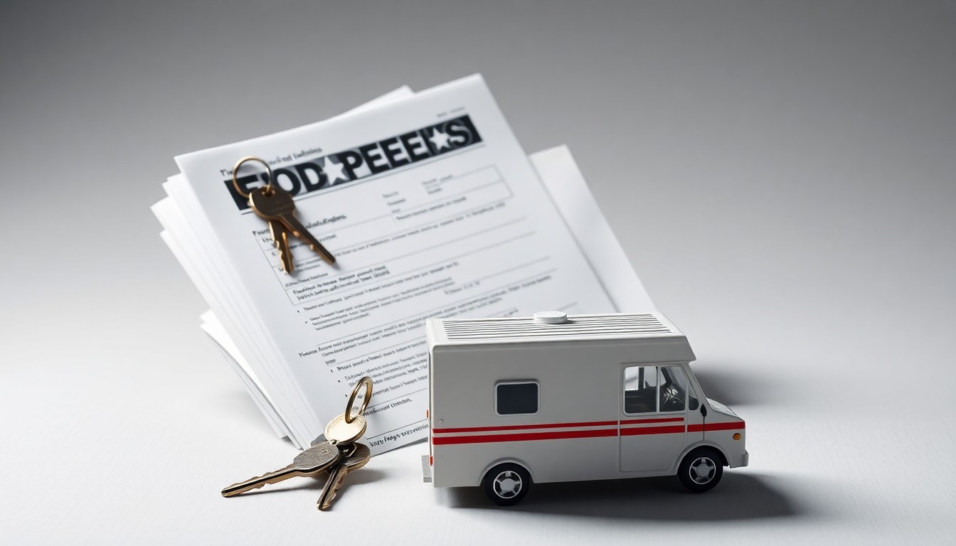 A photorealistic studio still life featuring a stack of food truck permits, a set of keys, and a stylized food truck model, all arranged elegantly on a clean, monochromatic background, conceptually representing the abstract corporate strategy and regulatory changes impacting the local food truck industry in Odessa.