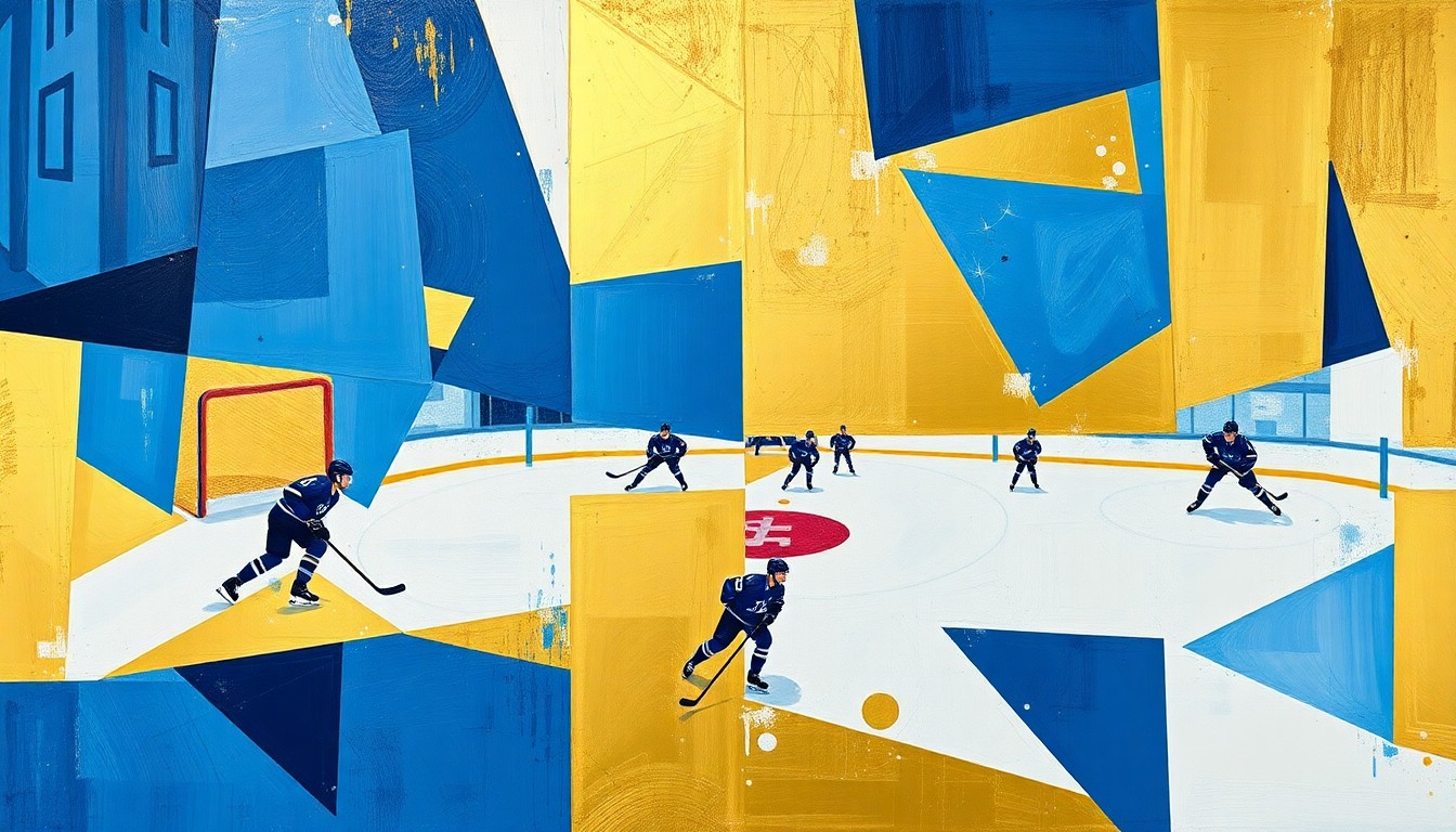 A cubist-style painting depicting a hockey game, with the players and ice surface broken down into sharp, overlapping geometric shapes in shades of blue, gold, and white, conveying the intensity and energy of the matchup.