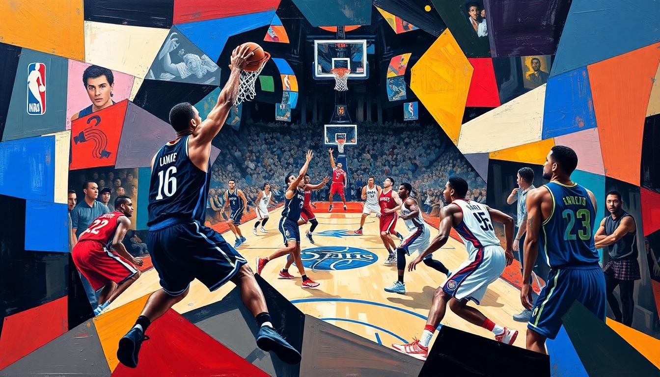 A cubist-style painting depicting the chaotic, overlapping action of an NBA basketball game, with players' bodies and the ball fragmented into sharp, geometric shapes and planes of color.