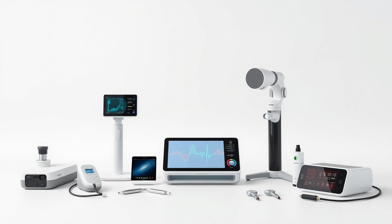 A high-end, photorealistic studio still-life featuring a set of premium medical diagnostic tools and devices arranged elegantly on a clean, monochromatic background, conceptually representing the advanced technology behind Omada Health and CareDx's virtual care solutions.