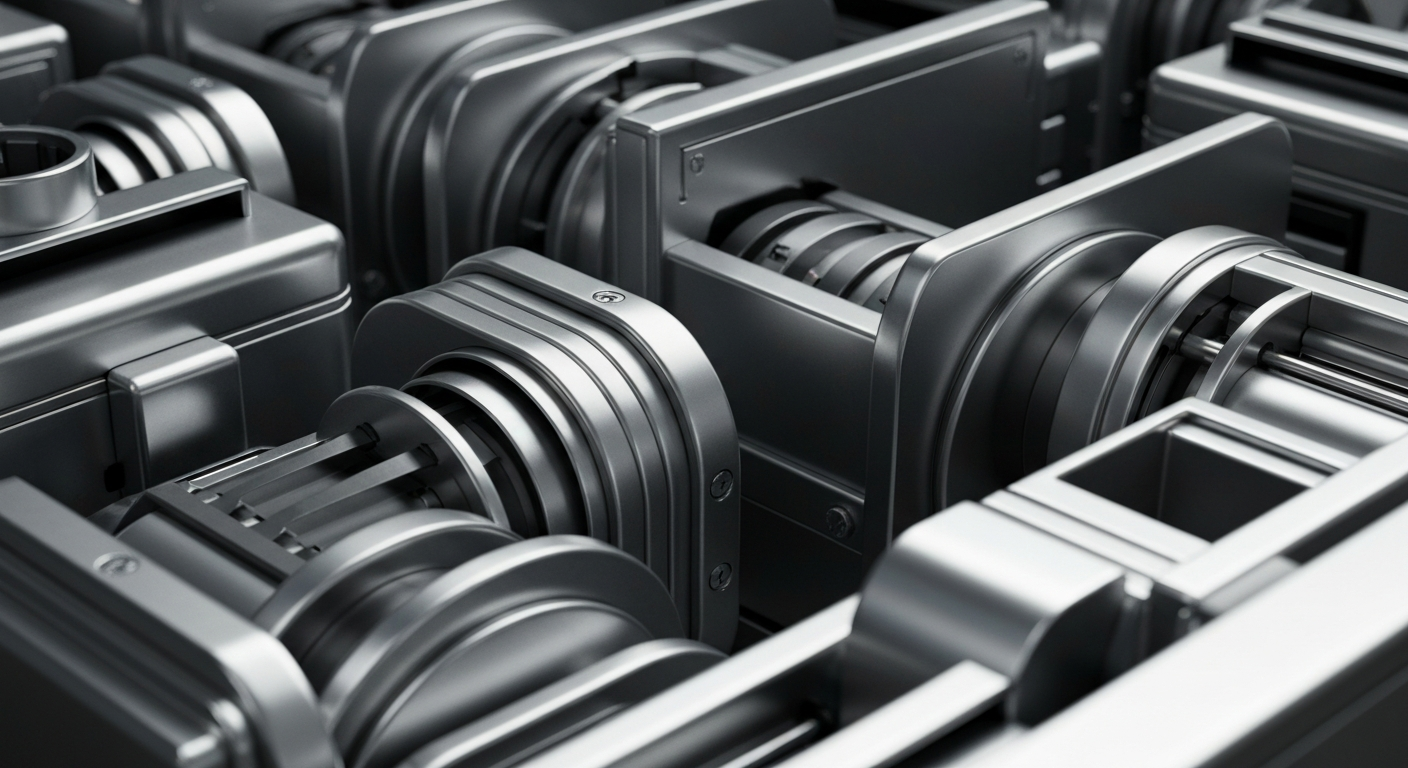 An extreme close-up of gleaming, industrial banking equipment and technology, conveying the tangible power and security of the finance sector.