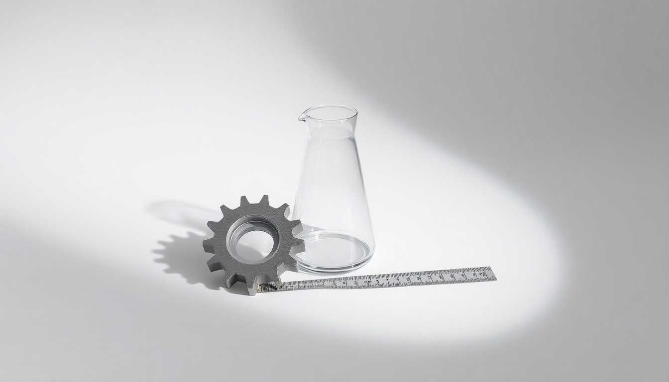 A photorealistic studio still life featuring polished metal, glass, and aluminum objects arranged elegantly on a clean background, symbolizing the abstract concepts of corporate strategy and manufacturing in a premium, editorial way.