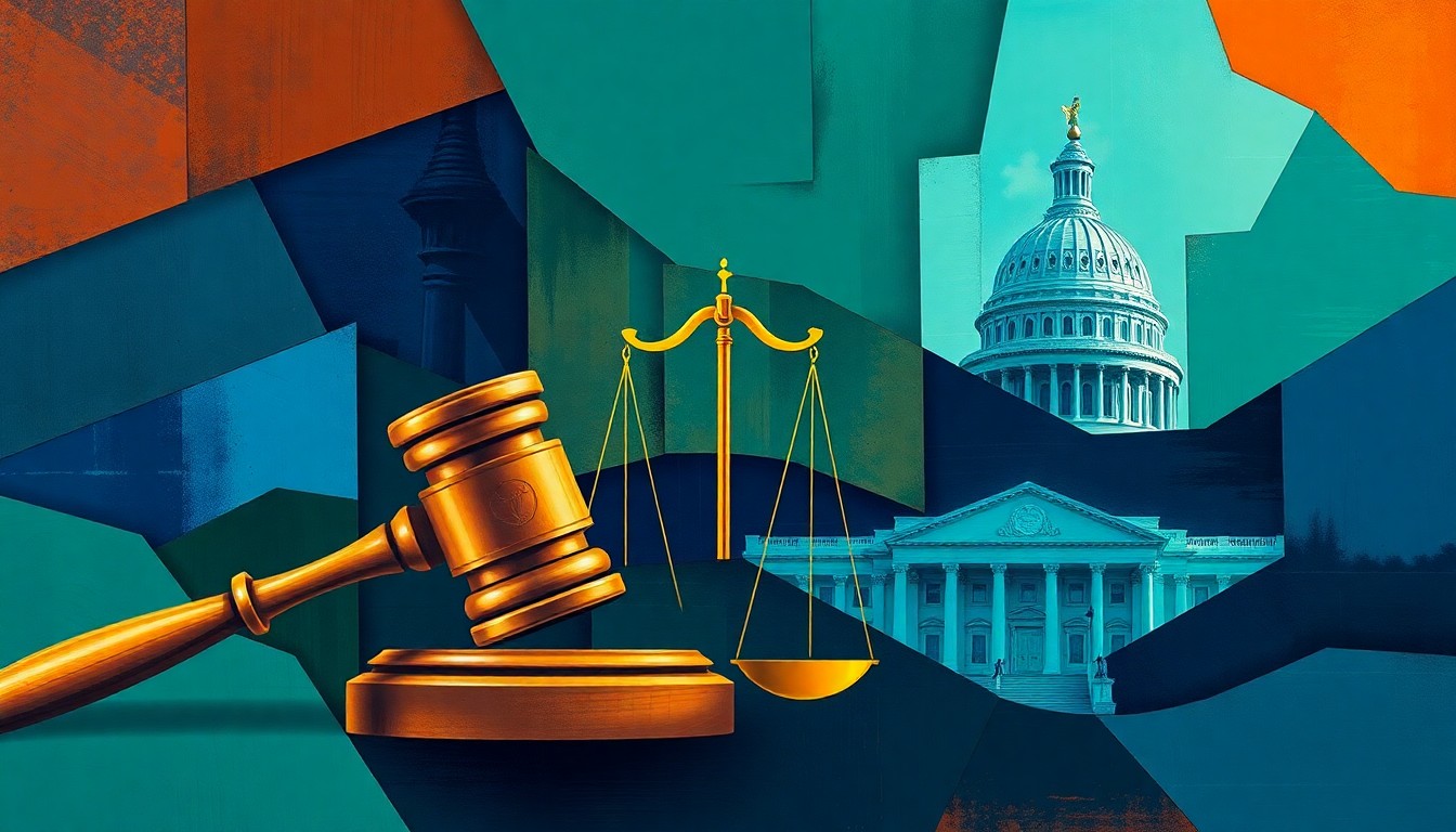 A dynamic, abstract painting featuring overlapping geometric shapes and waves of color representing a gavel, scales of justice, and the Connecticut state capitol building, conveying the tension and conflict over sanctuary city policies.