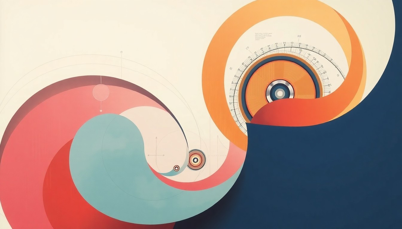 A bold, abstract painting in soft blues, greens, and grays, featuring sweeping geometric arcs, intersecting waveforms, and precise mechanical spirals, conceptually representing the complex engineering and programming challenges of a high-level robotics competition.