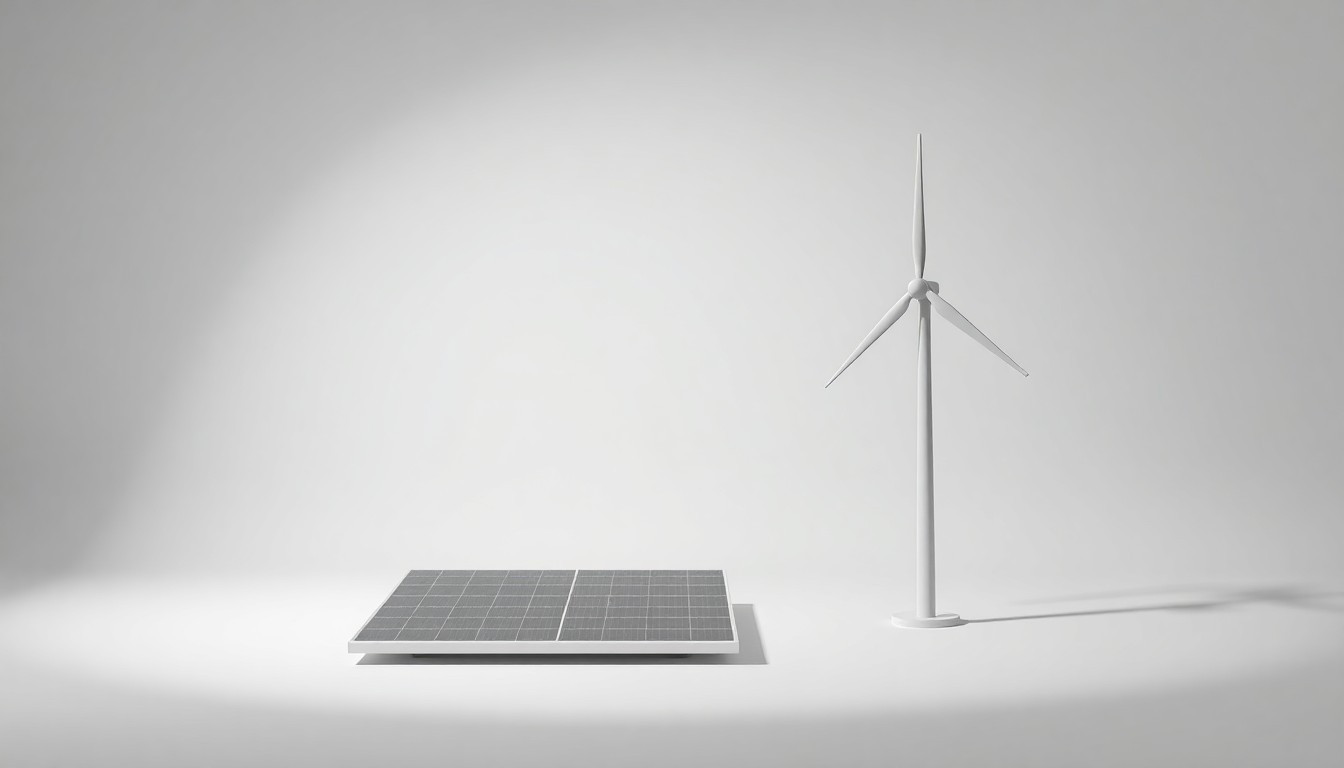 A photorealistic studio still life featuring a modern solar panel and wind turbine model floating on a clean, white background, conceptually representing the flexibility corporations will have to develop their own renewable energy sources.