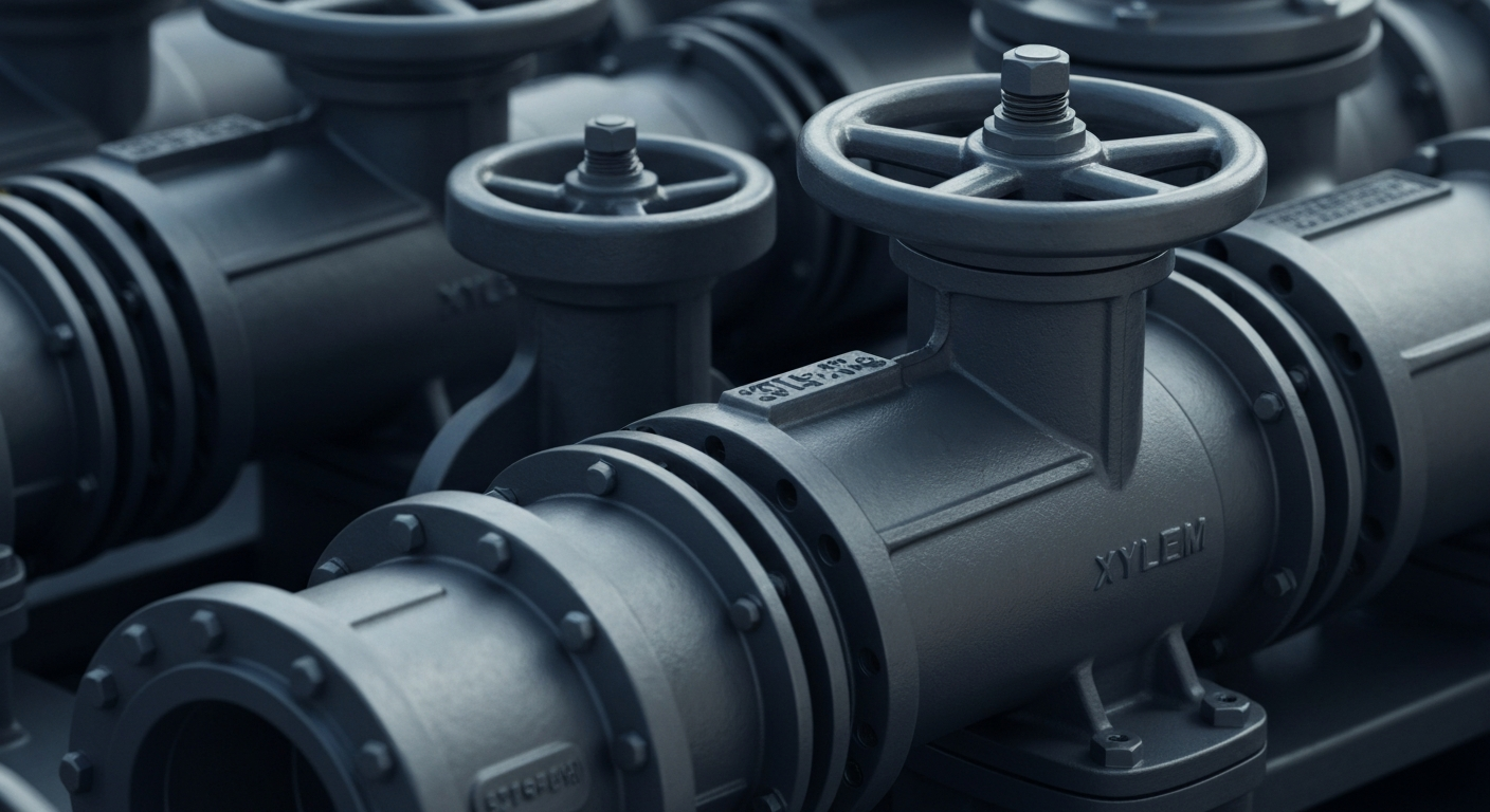 An extreme close-up of intricate, interlocking industrial water pumps and valves in muted metallic tones, conveying the secure, reliable machinery at the core of Xylem's water technology solutions.