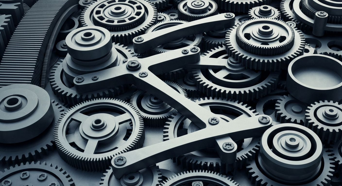 An abstract, high-contrast close-up of industrial banking machinery, conveying the complex, interconnected nature of modern financial systems without using any literal imagery.