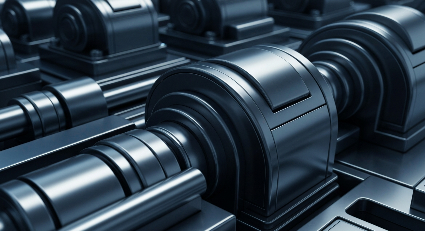 An extreme close-up of gleaming, industrial banking equipment and machinery, conveying the secure, powerful foundations of global finance without using any literal financial symbols or text.