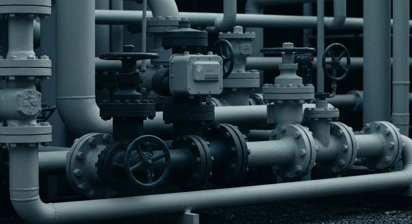 An extreme close-up of industrial natural gas equipment like valves, pipes, and meters, conveying the tangible, physical nature of energy infrastructure without using any text or symbols.