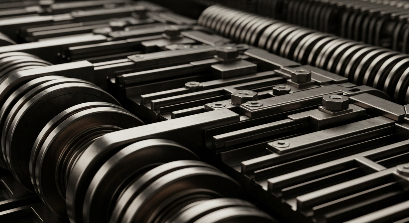 An extreme close-up of a complex array of gears, levers, and metal components, representing the behind-the-scenes mechanics of institutional finance and investment decisions.