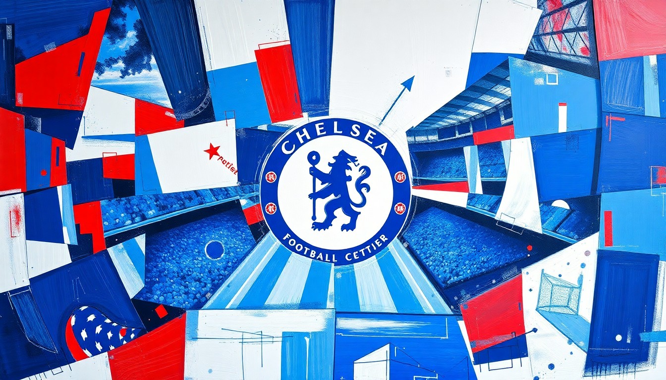 A cubist, geometric painting depicting a fragmented Chelsea football match, with overlapping planes of blue, white, and red representing the team's players and the chaos of their on-field behavior.