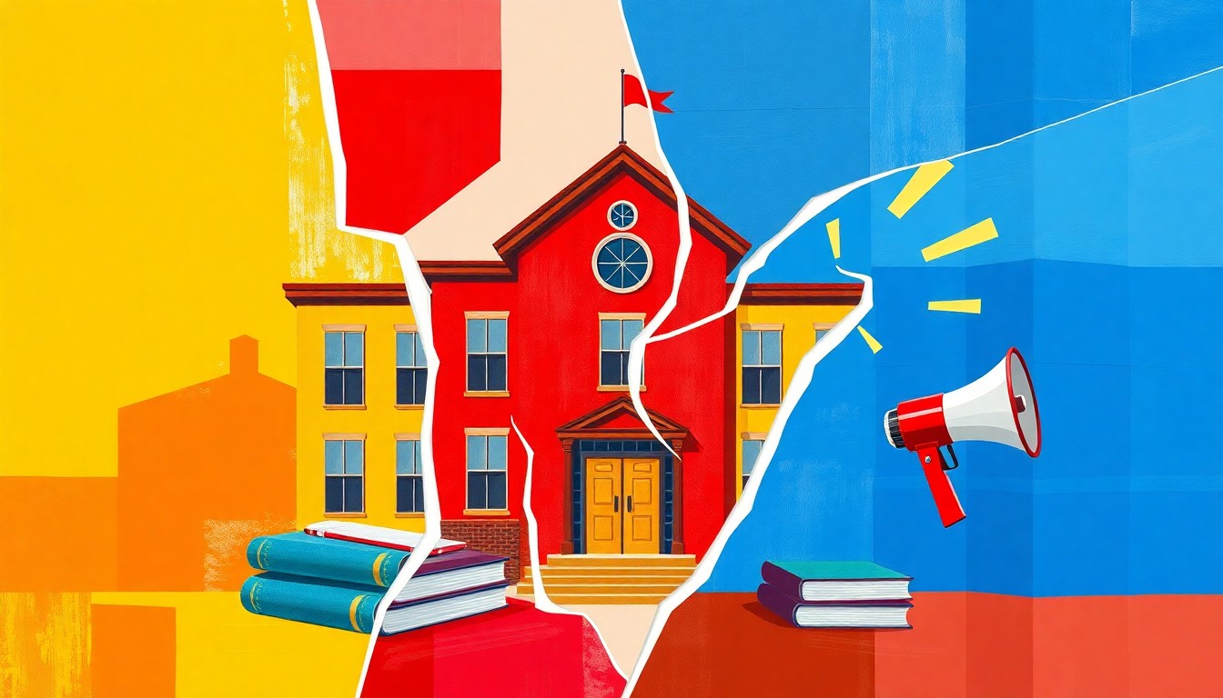A vibrant, fractured painting depicting a school building, textbooks, and a megaphone in overlapping geometric shapes and bold colors, conceptually representing the clash of political ideologies in the education system.