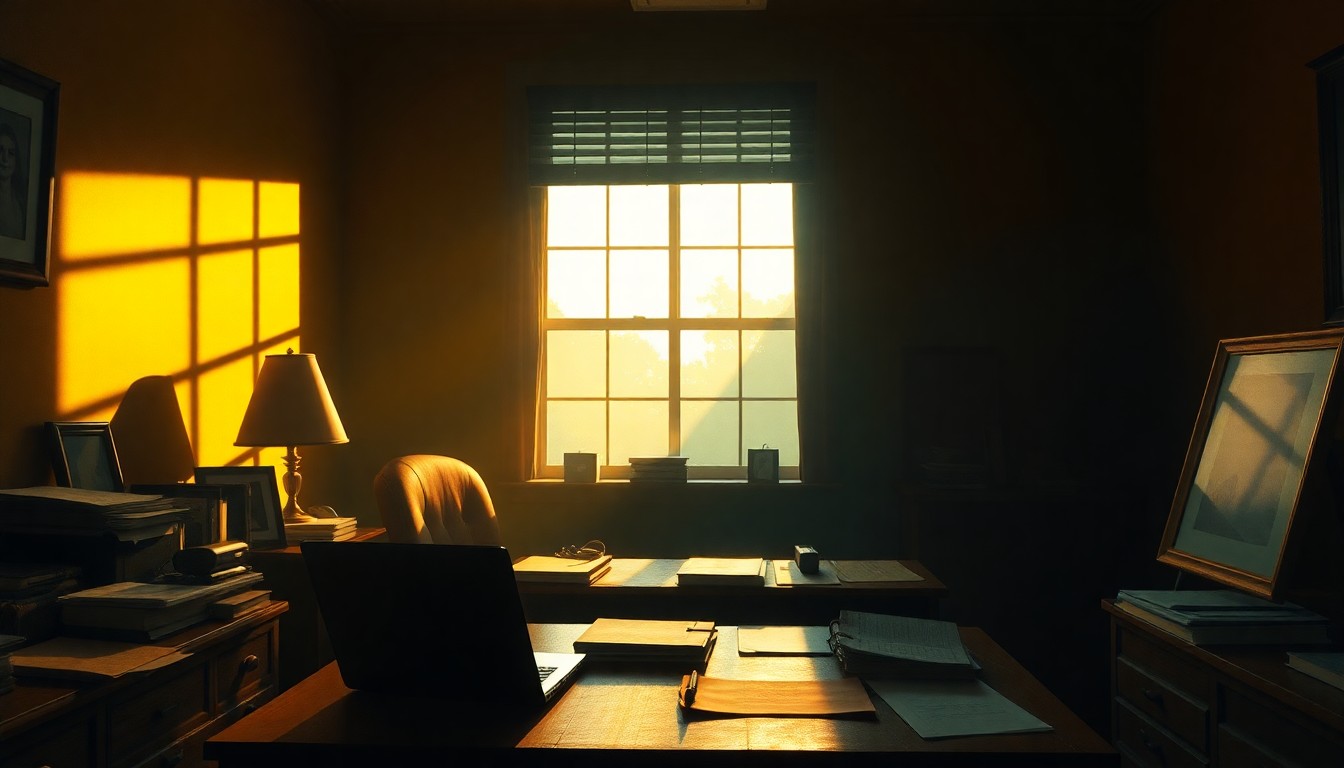 A dimly lit, cinematic painting of a cluttered desk with files, a laptop, and a framed photograph, conveying the weight of responsibilities for the Cook County State's Attorney.
