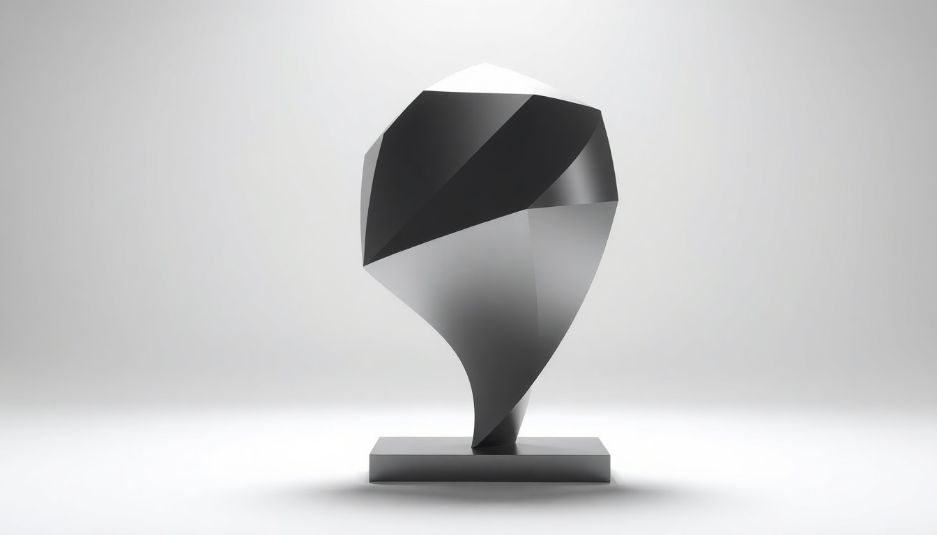 A highly polished, geometric metal sculpture or abstract trophy floats against a clean white background, dramatically lit from the side to create deep shadows and highlights, representing the precision and impact of Marketbridge's integrated B2B growth services.