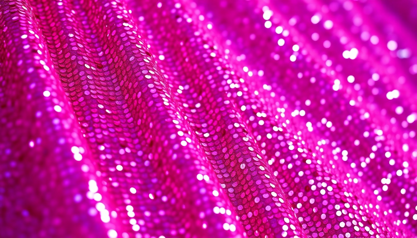 An extreme close-up photograph of a shimmering, sequined fabric in vibrant shades of pink and purple, creating a high-contrast, high-fashion aesthetic that captures the glamour and energy of Coachella's brand activations.
