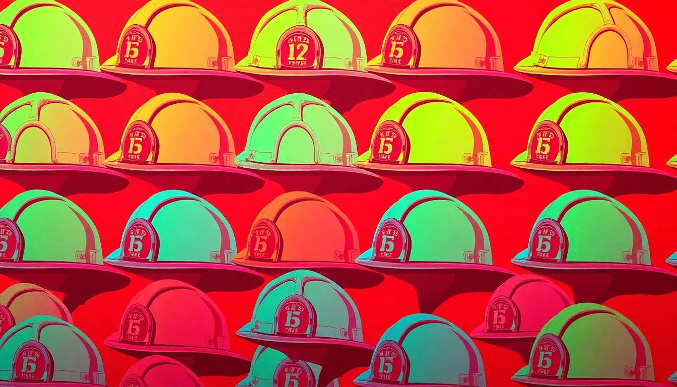 A bold, colorful silkscreen-style illustration featuring a firefighter's helmet repeated in a grid pattern, conceptually representing the community appreciation and fundraising efforts of the Firefighters BBQ event.