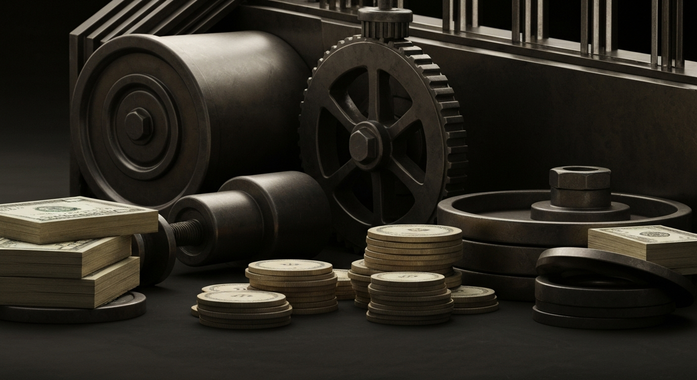 An extreme close-up of complex, industrial machinery and equipment in muted tones, conceptually representing the financial security and institutional power of the banking sector.