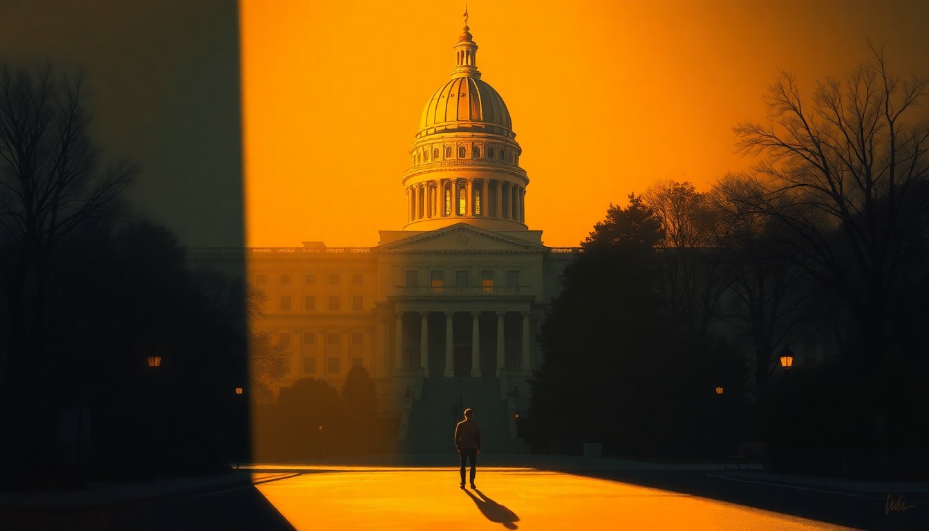 A serene, photorealistic painting depicting a lone person standing in front of the Illinois State Capitol building, the structure's columns and dome illuminated by warm, angled sunlight casting deep shadows across the scene, conveying a sense of quiet contemplation and the weight of the political issues at hand.