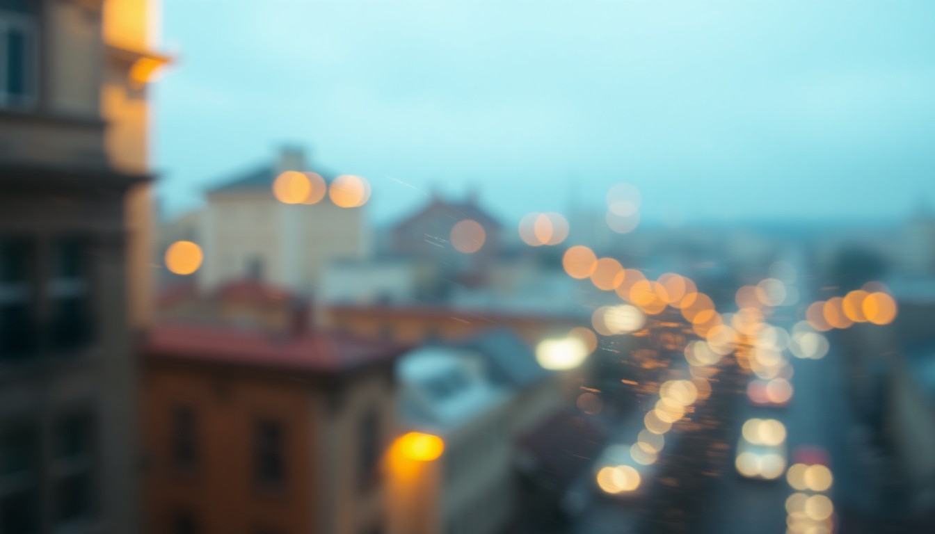 An abstract, out-of-focus cityscape with blurred architectural details like street lamps, conceptually representing the disruption and resilience of a downtown infrastructure project.