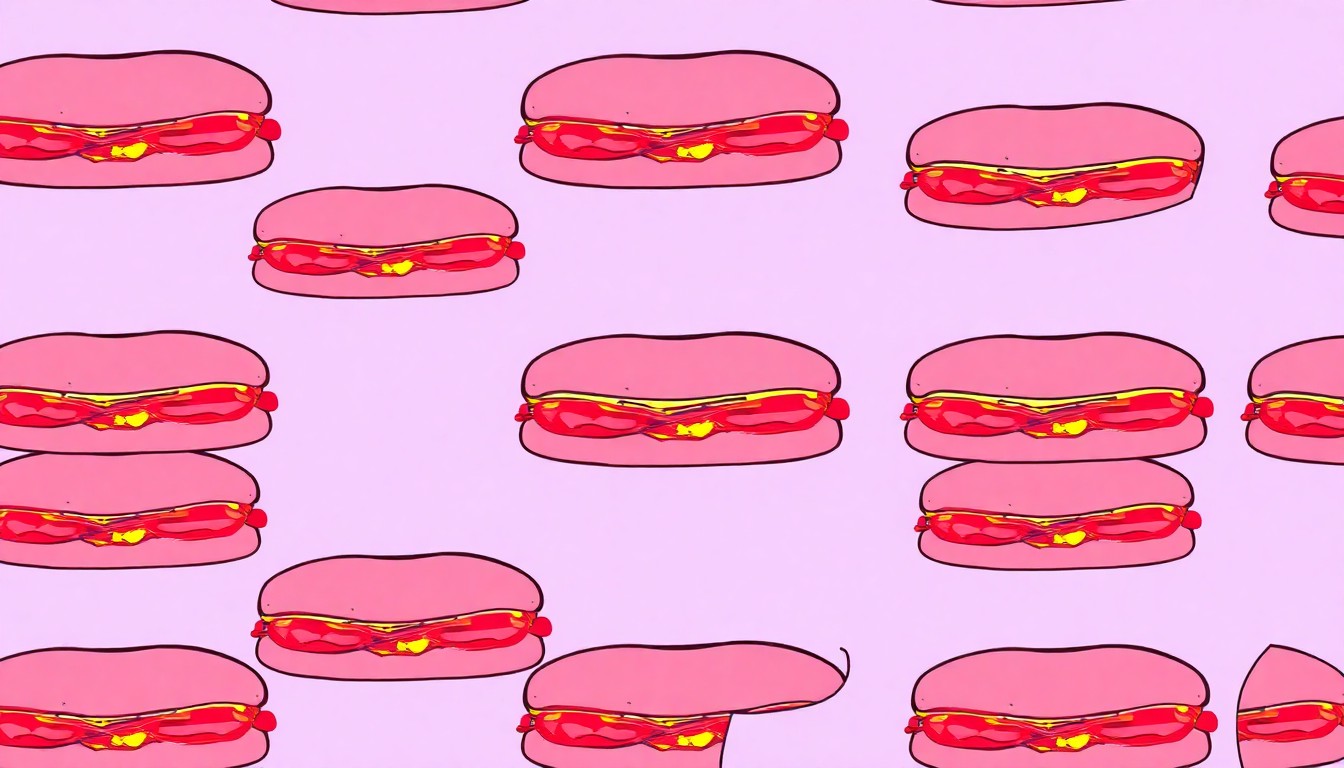 A highly stylized, repeating pattern of a single sub sandwich in bright, neon-like colors, conveying the celebratory energy of a long-running local business milestone.