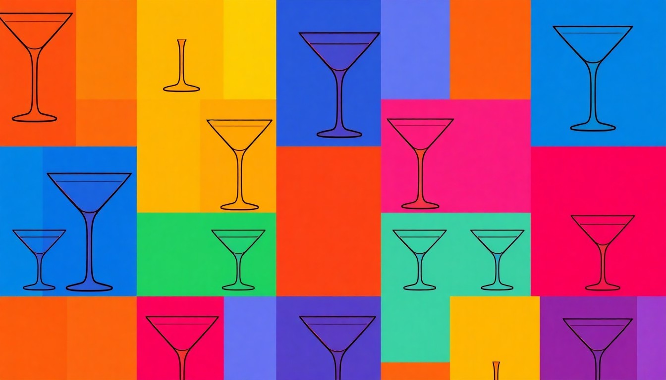 A highly stylized, abstract grid of brightly colored cocktail glasses in neon shades of pink, purple, and blue, conceptually representing the vibrant and lively atmosphere of a new cabaret-style cocktail bar.