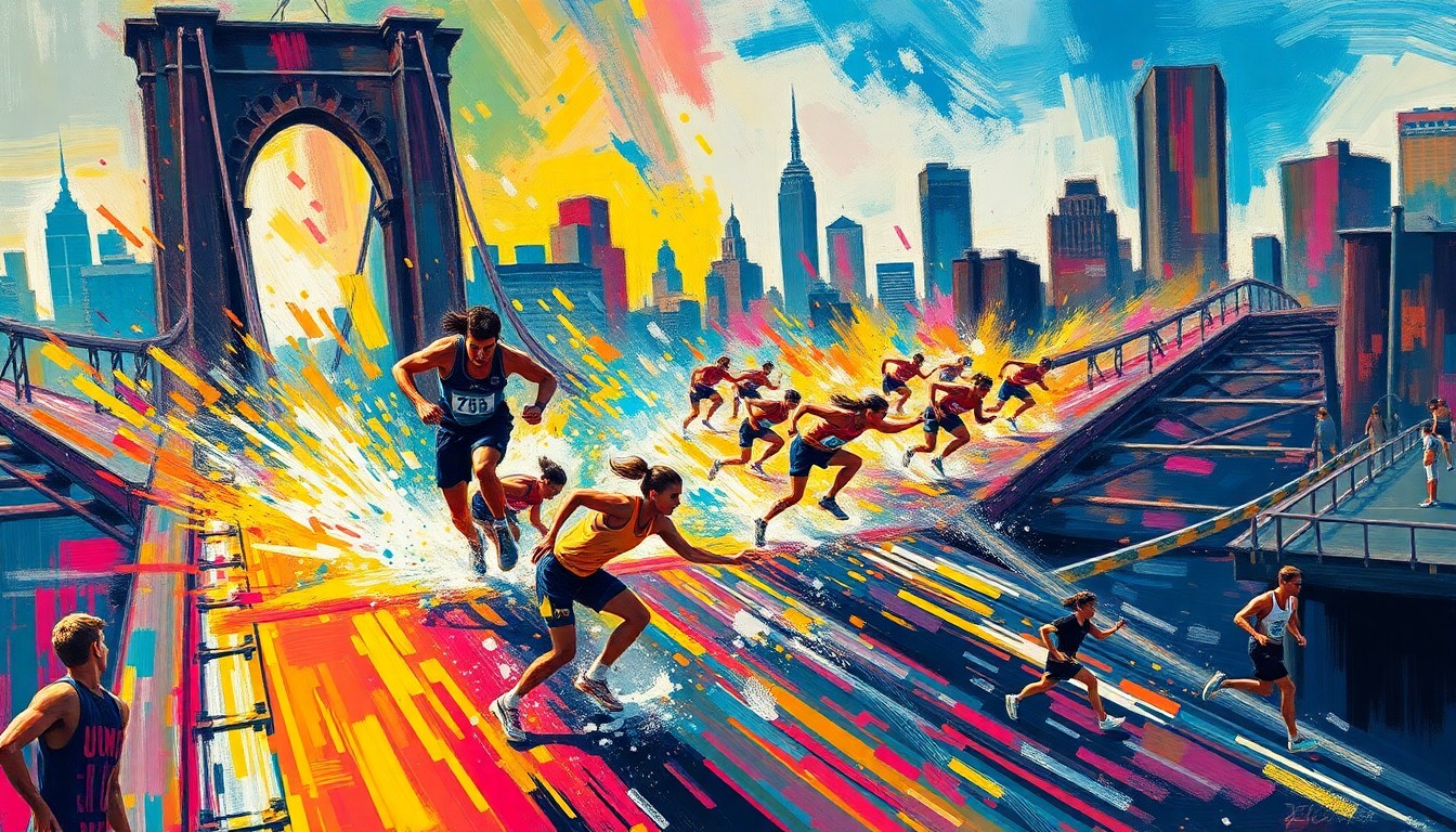 A dynamic, abstract painting in neon colors depicting the frenzied movement and energy of people navigating a slippery, obstacle-filled course on a city bridge.