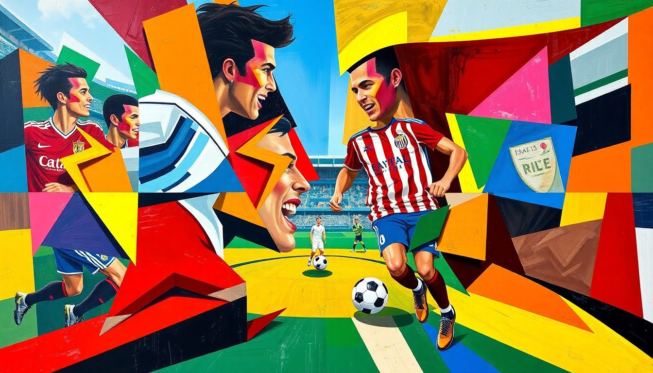 A cubist, geometric painting depicting the dynamic clash of a local soccer team and an MLS club, with sharp planes of color and overlapping shapes representing the intensity of the matchup.