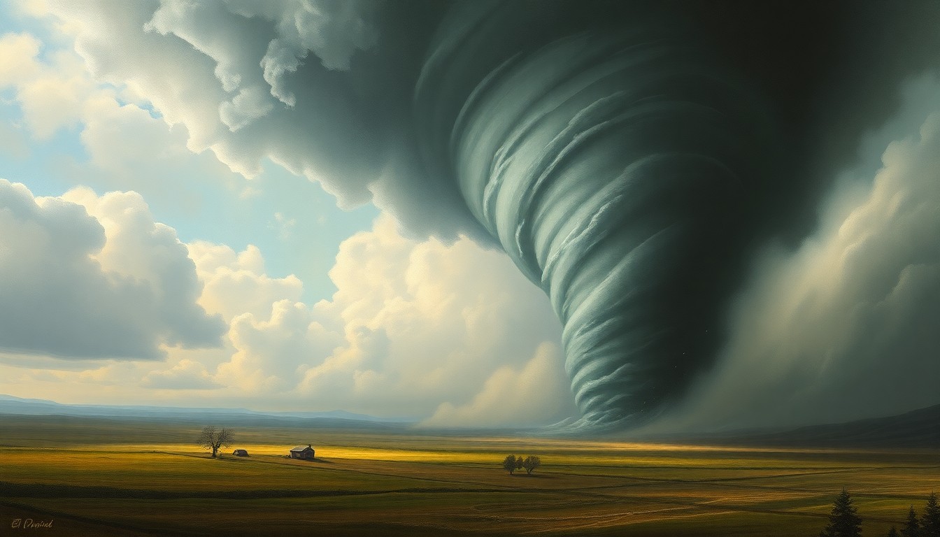 A dramatic landscape painting in the style of Caspar David Friedrich, with a massive, swirling tornado dominating the scene and dwarfing any physical structures or objects. The tornado is rendered in shades of gray and black, with heavy, textured brushstrokes conveying the raw power of the storm.